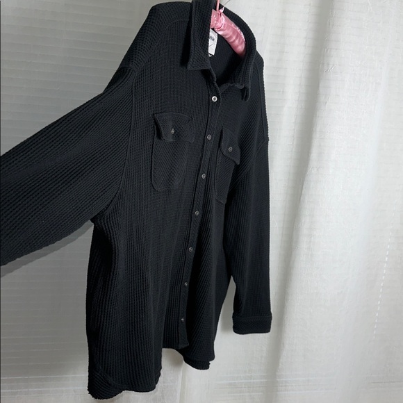 aerie XL Lumber Stone Washed True Black Waffle Knit Cotton Blend Oversized Shirt - Picture 10 of 14
